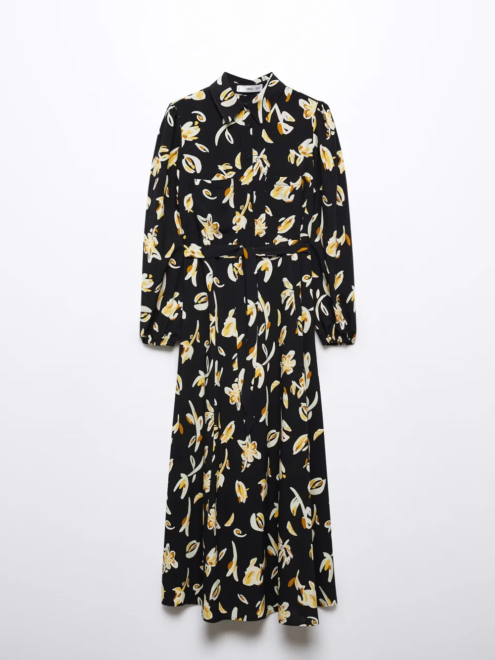 Mango Black Floral Long Sleeve Shirt Dress